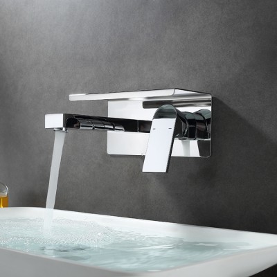 High quality modern stainless steel chrome plated wall in wash basin faucet sink water taps long waterfall spout